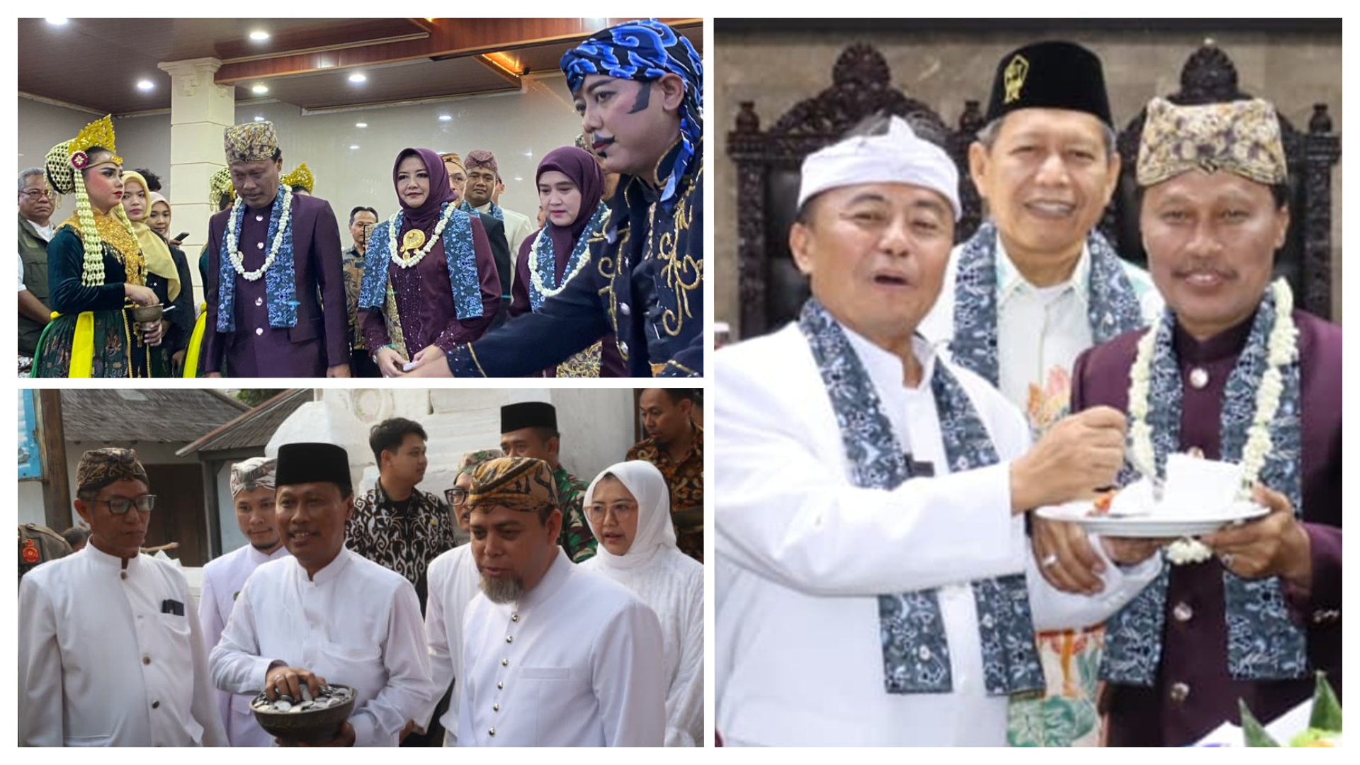Foto 1 - Wali Kota Cirebon Effendi Edo saat menerima potongan tumpeng dari Sekda Pemerintah Provinsi Jawa Barat, Herman Suryatman usai Sidang Paripurna Istimewa DPRD Kota Cirebon dalam rangka Hari Jadi Cirebon ke-599, Selasa (16/6/2026). Foto- 2, Wali Kota Cirebon Effendi Edi dan Wakil Wali Kota Cirebon Siti Farida dalam upacara ada memasuki gedung DPRD Kota Cirebon. Foto 3, Wali Kota Cirebon Effendi Edo saat berziarah ke Makam Sunan Gunung Jati didampingi Pangeran Patih Qodiran. *
